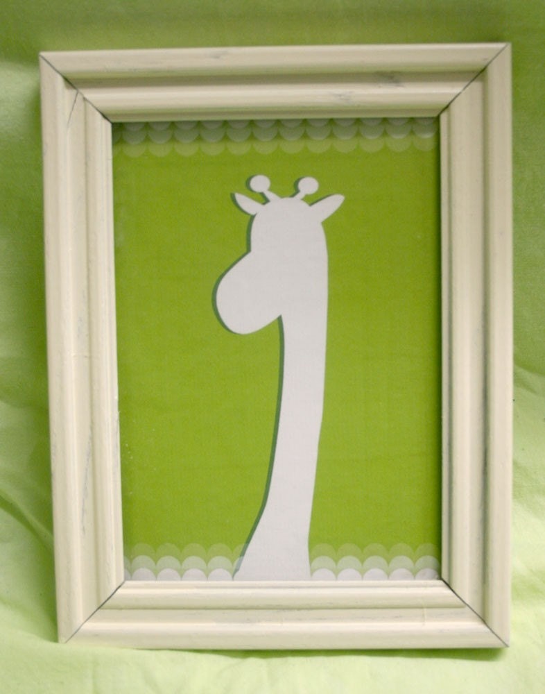 8.5 x 11 PRINT signed Jungle Giraffe silhouette lime green white scalloped edge