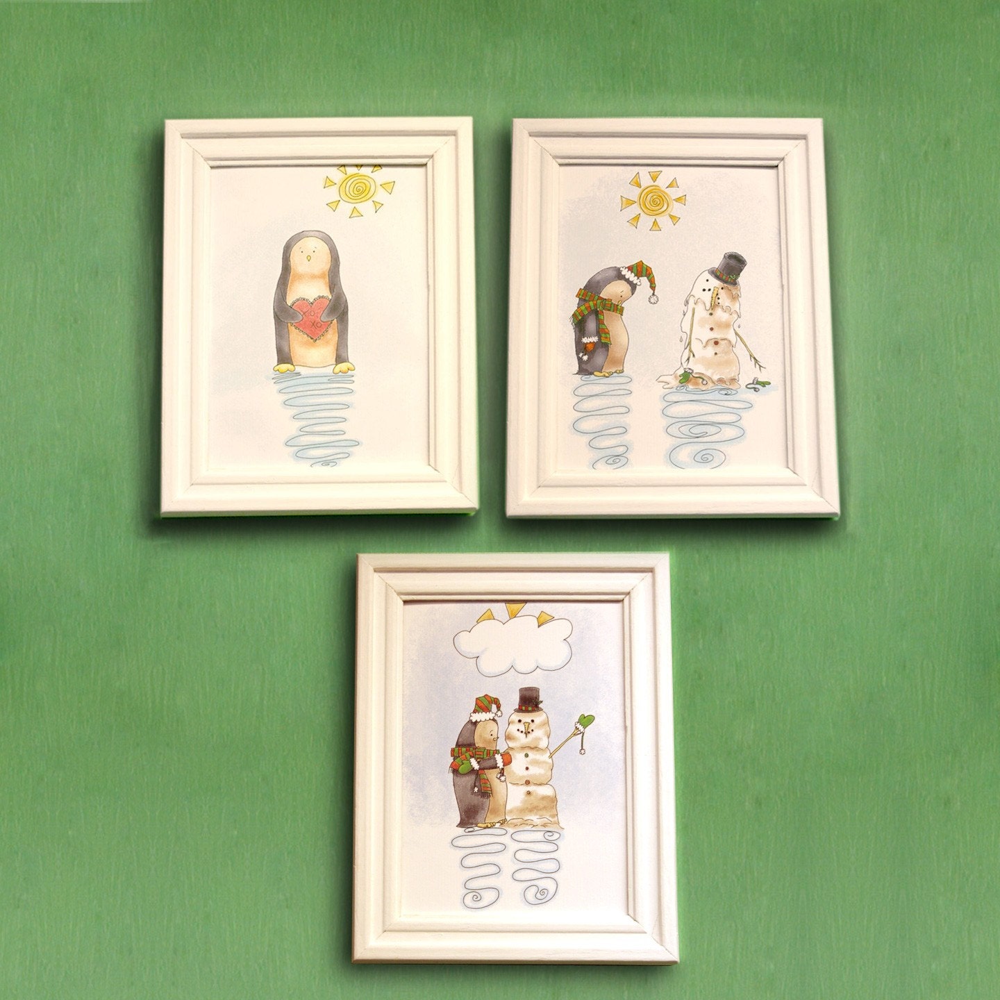 SET of 3 three 8.5x11 Neville the Penguin Love & Snowman illustration signed prints