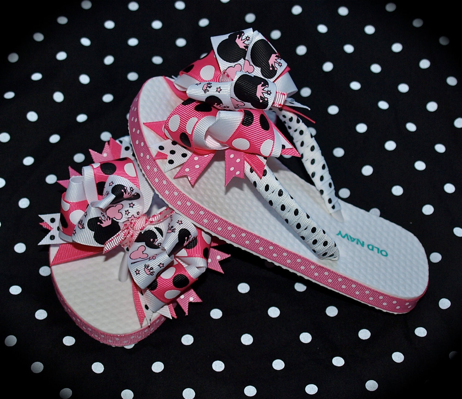 Custom Boutique toddlers Disney Vacation girls Pink Black Princess Wand MINNIE MICKEY MOUSE Birthday Party Ribbon Flip Flops Hair Bow Set