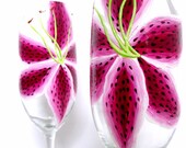 Stargazer Lily Wedding Flutes- Hand Painted Glassware- Set of 2
