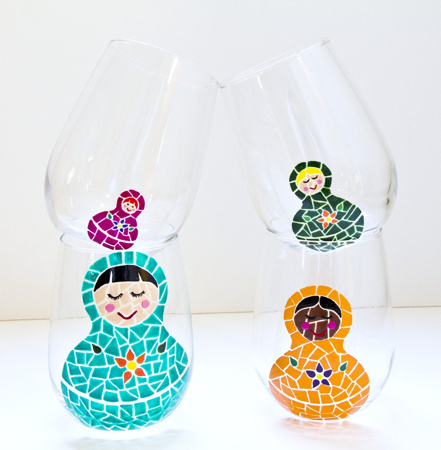 Nesting Dolls Painted Wine Glasses- Set of 4