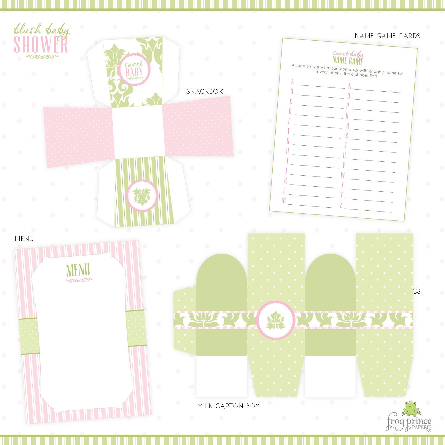 Blush Pink & Green Damask Baby Shower Printable Party Pack - DIY