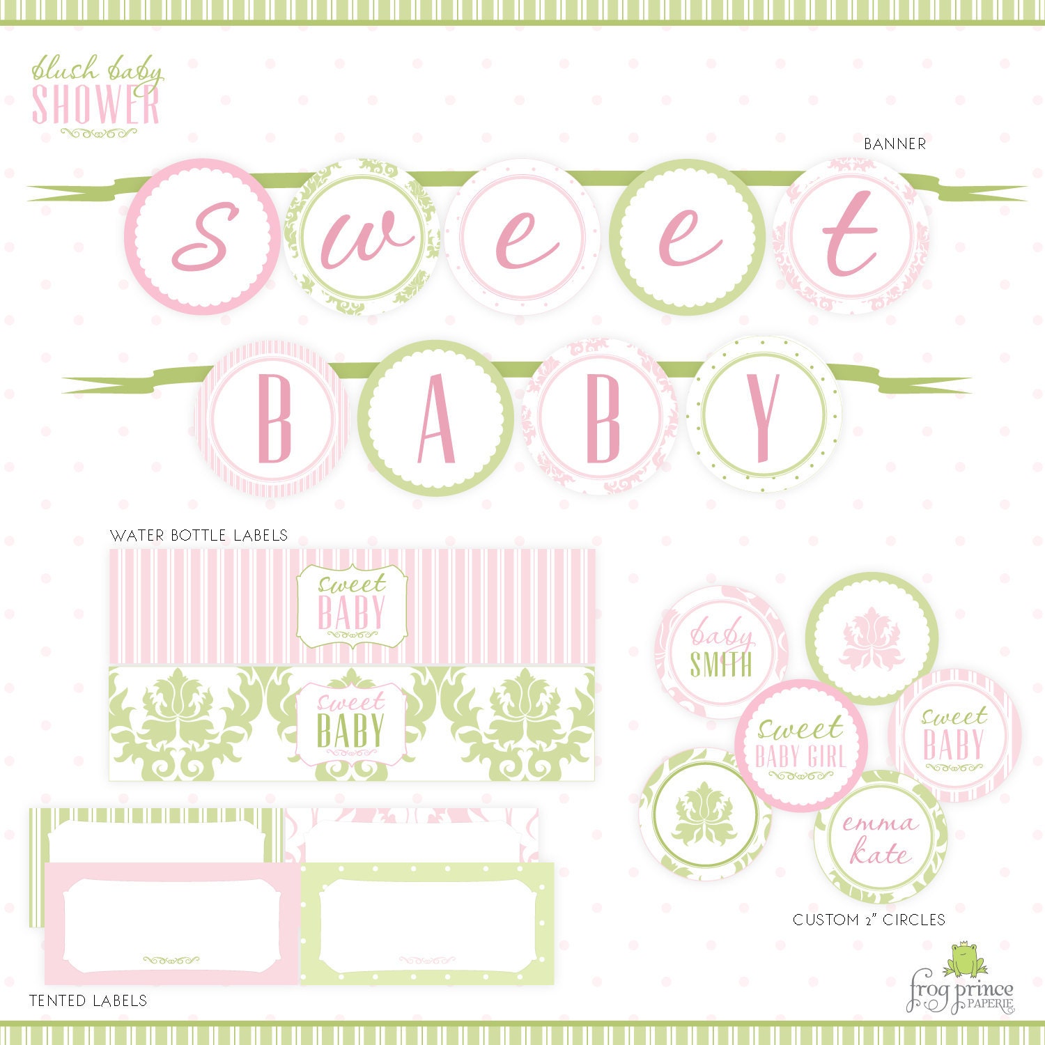 Blush Pink & Green Damask Baby Shower Printable Party Pack - DIY