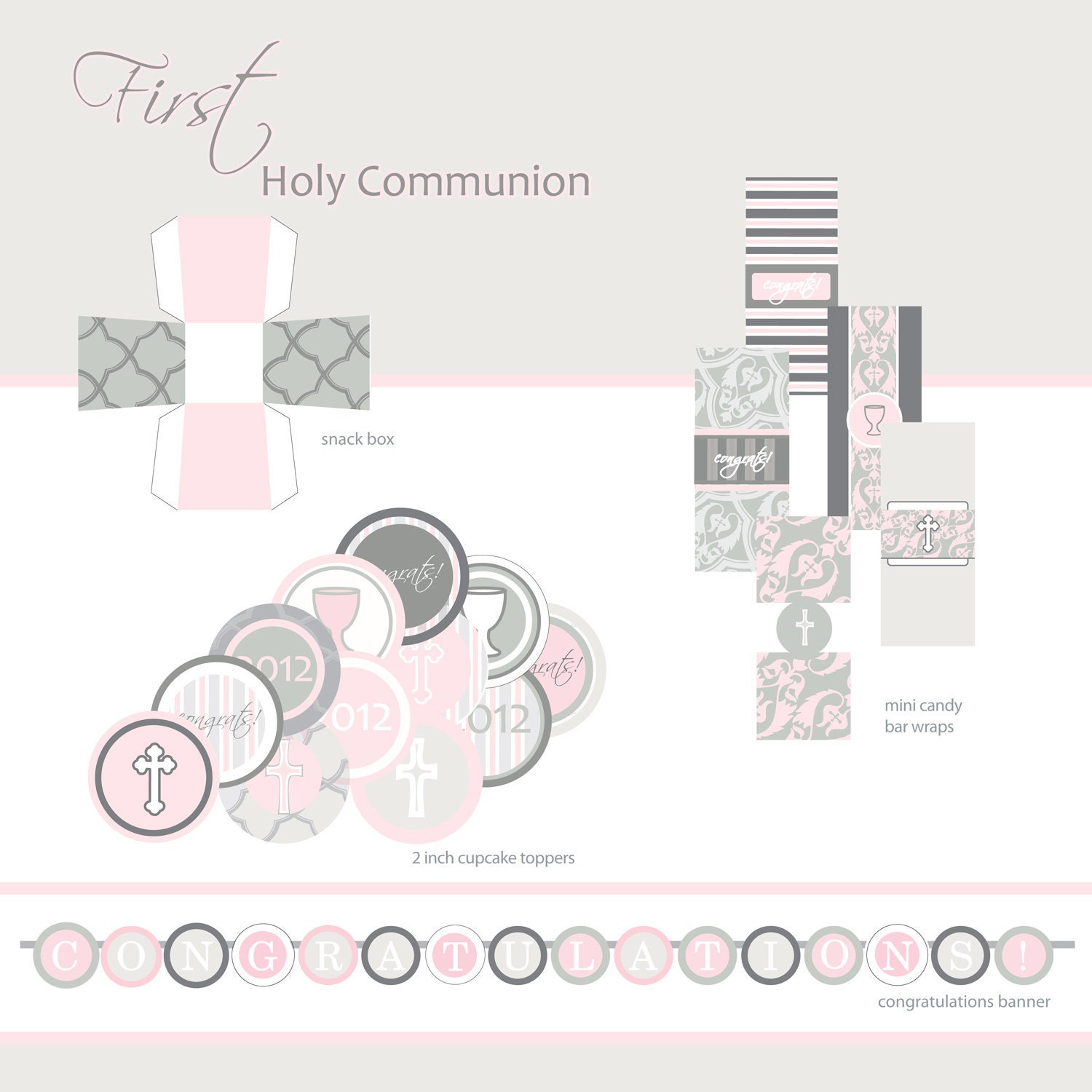 First Communion, Baptism or Confirmation Printable Party - Pink