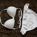 Just Married or Bride Rhinestone White Bridal Swimsuit, Bikini Honeymoon- White Ruffle Bottom (Size L only) & Padded Bralette Top with ring