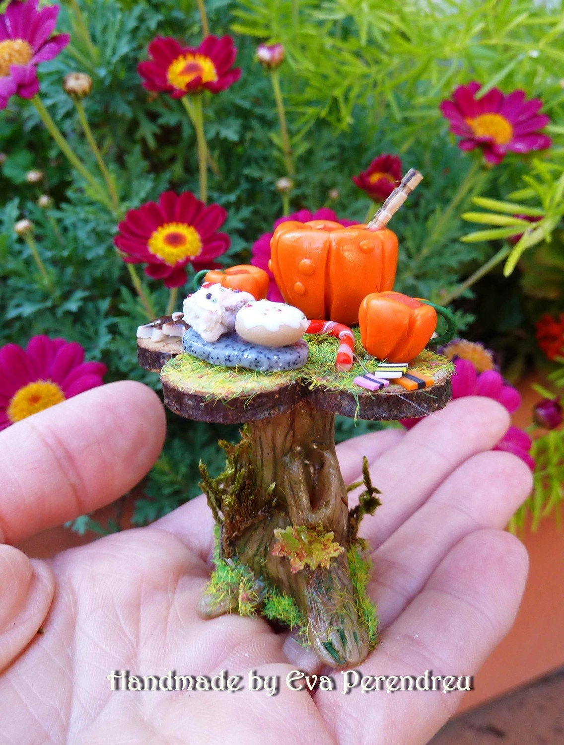 Fairy tea table with pumpkin set for dollhouse 1/12, terrarium - 6 TIMES TREASURY ITEM