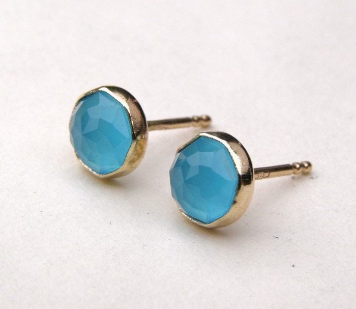 Stud earrings Blue Quartz  Recycled 14k  Gold earrings gold post Earrings