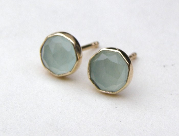 FOR SALE Blue Aquamarine Stones Studs in Recycled 14k yellow Gold Earrings