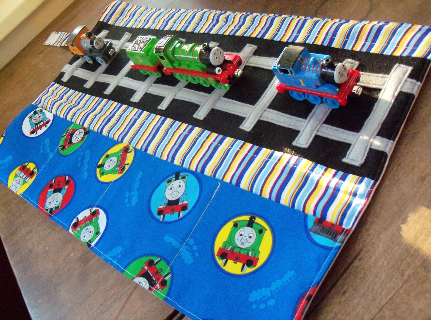 Thomas the Train Caddy Roll up Tote with Railroad Tracks