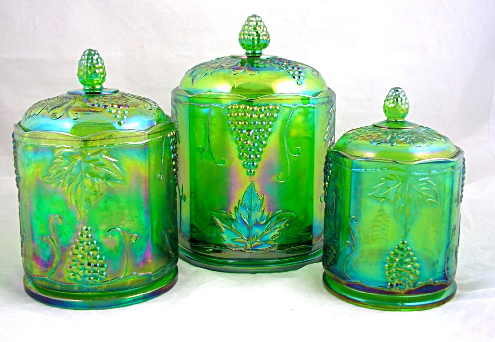 Vintage Indiana Glass Harvest Grape Lime Green Carnival Canister Biscuit Jar Set of 3 - Free USA Shipping