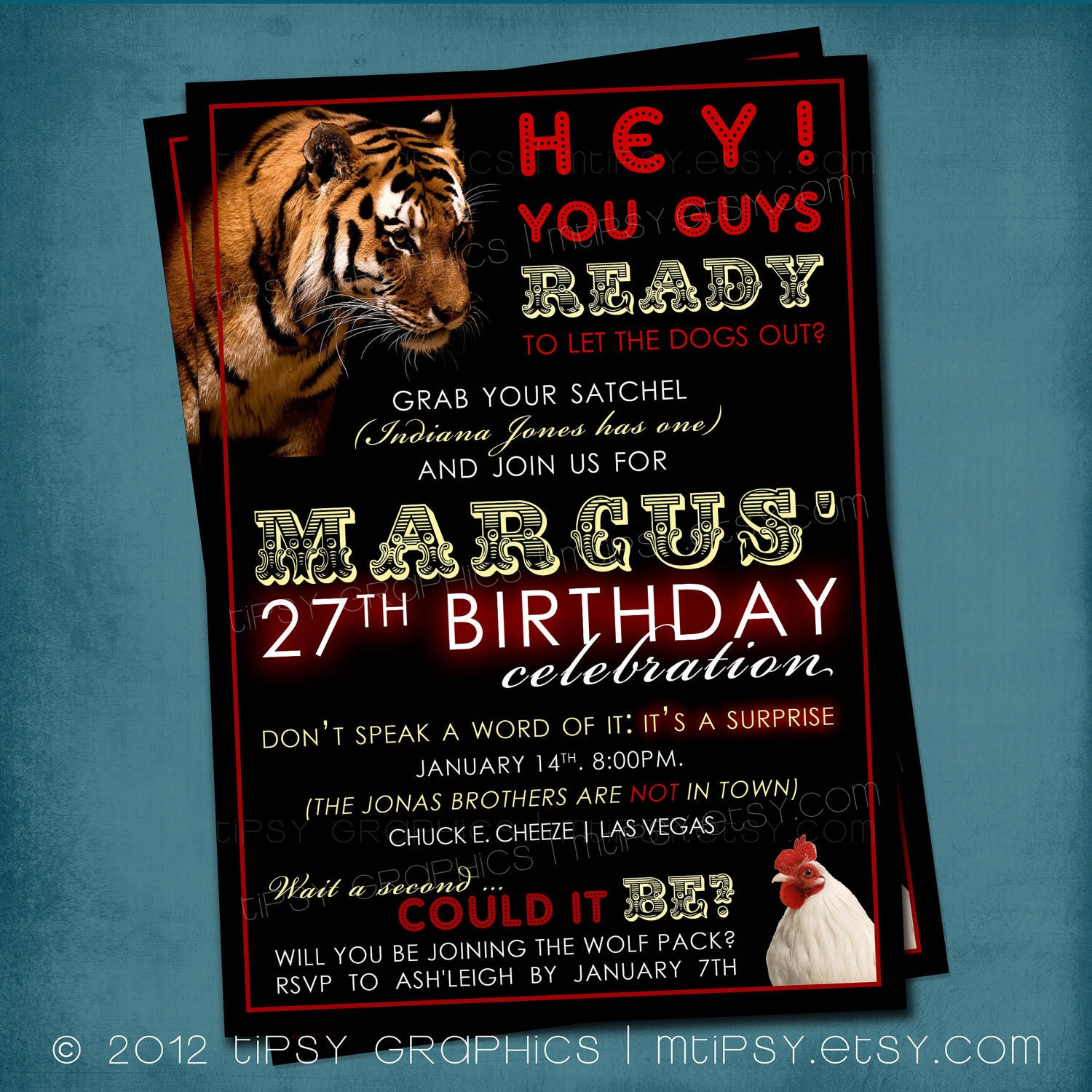 Grab Your Satchel Hangover Theme Party Invite by Tipsy Graphics.  Surprise, Birthday, Anniversary, Bachelor Party, Couple's Shower