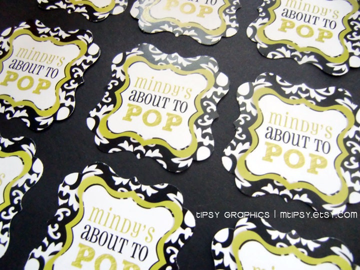 About to Pop. Damask Popcorn Sticker or Tag. Printable file with Option to Print by Tipsy Graphics. Any text and colors. Il_170x135