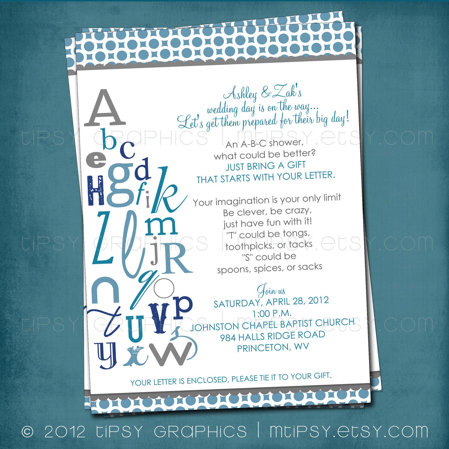 ABC Colorful Alphabet Baby / Bridal Shower Invitation. Bring a letter. Any colors and text by Tipsy Graphics Il_170x135