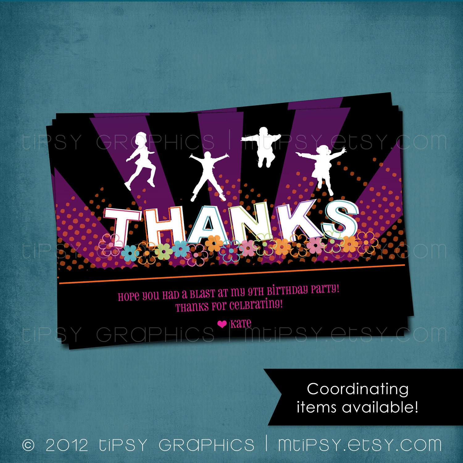 Thank You Note. JUMP Trampoline or Bounce House Birthday Party Thank You by Tipsy Graphics. Peace signs and Flowers Il_170x135