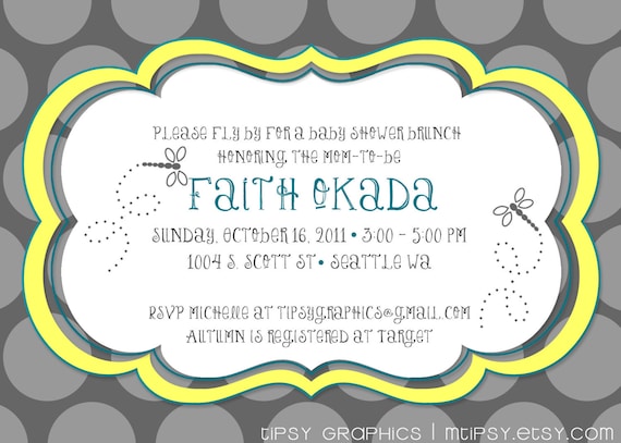 Yellow and Gray Polka Dot & Dragonfly Baby Shower Invitation. ANY COLORS. Customized for your Baby or Bridal Shower by Tipsy Graphics Il_570xn