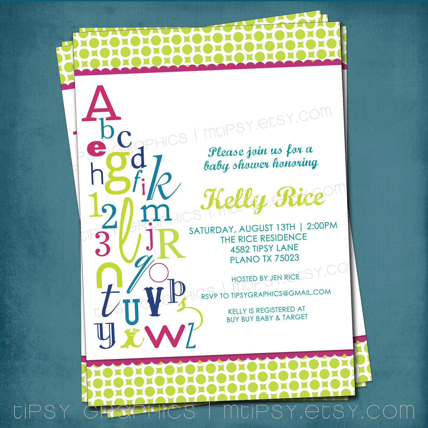 ABC 123 Colorful Alphabet Baby Shower Invitation. Great for Triplets and/or Gender Neutral. Any colors and text by Tipsy Graphics Il_570xn