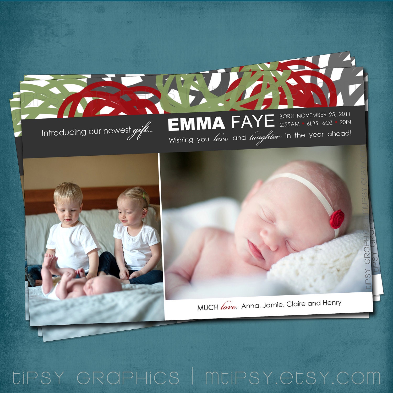 Our Newest GIFT. The best present ever. New Baby Birth Announcement. Photo Card by Tipsy Graphics. Any text and colors for 1 or more photos Il_570xn