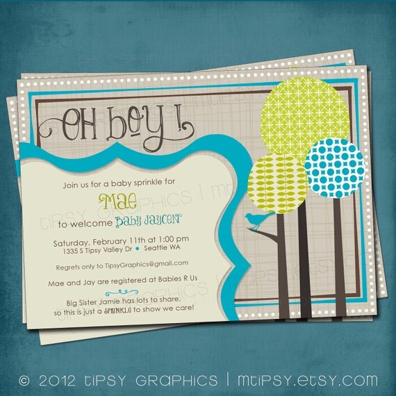 Bird on a Branch. Modern Forest Baby Shower Invite by Tipsy Graphics. Any colors and text. Il_570xn