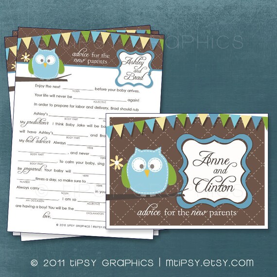 Baby Owl Funny Advice & Well Wishes for the NEW PARENTS Mad Lib MadLib Adlib By Tipsy Graphics. Printable Cards, any Colors. Il_570xn