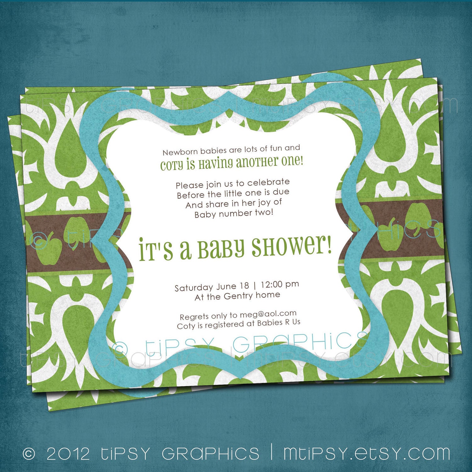 Big Damask Green Apple Baby / Bridal Shower Invitation. Green ...