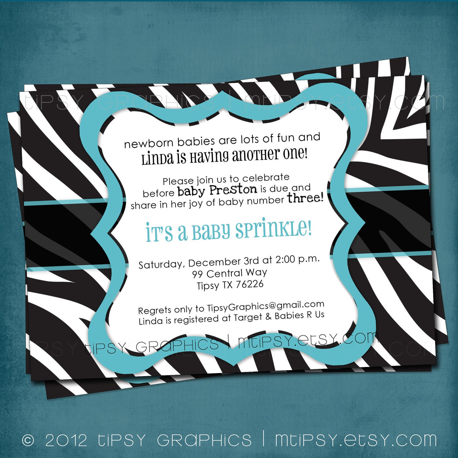 Tiffany Blue & Zebra Baby / Bridal Shower or Girls Night Out Invitation. Any colors and text by Tipsy Graphics Il_570xn