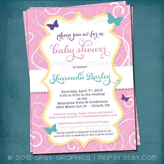 Butterfly. Pretty Pink Yellow Aqua Baby Shower or Party Invite by Tipsy Graphics Il_570xn