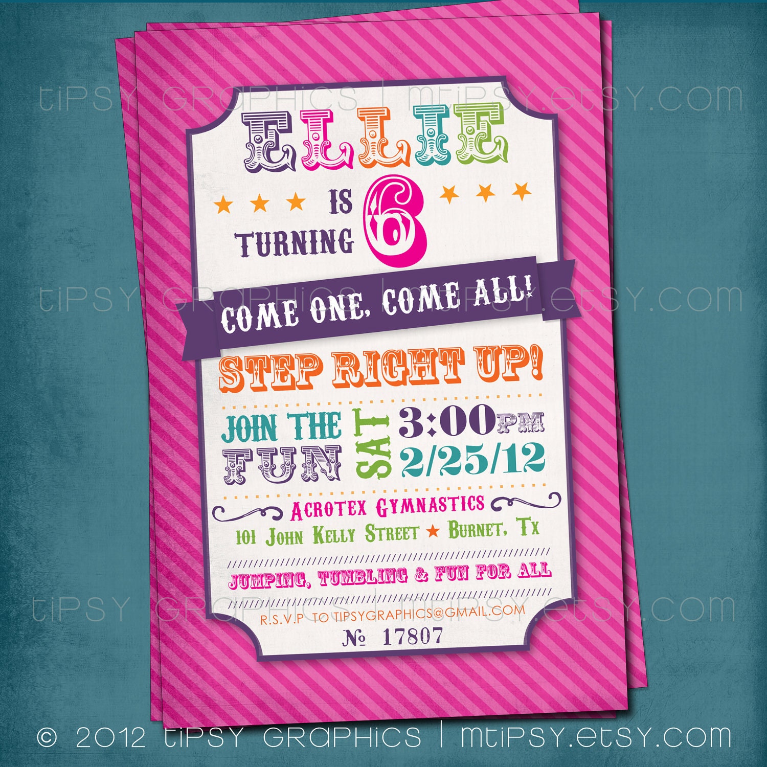 Step Right Up. Colorful Circus Ticket Birthday, Shower or Party Invite by Tipsy Graphics. Any colors and text. Il_570xn