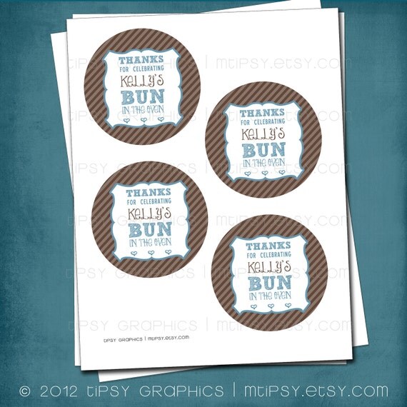 Bun in the Oven Favor Tags or Stickers by Tipsy Graphics. Any colors and text. Il_570xn