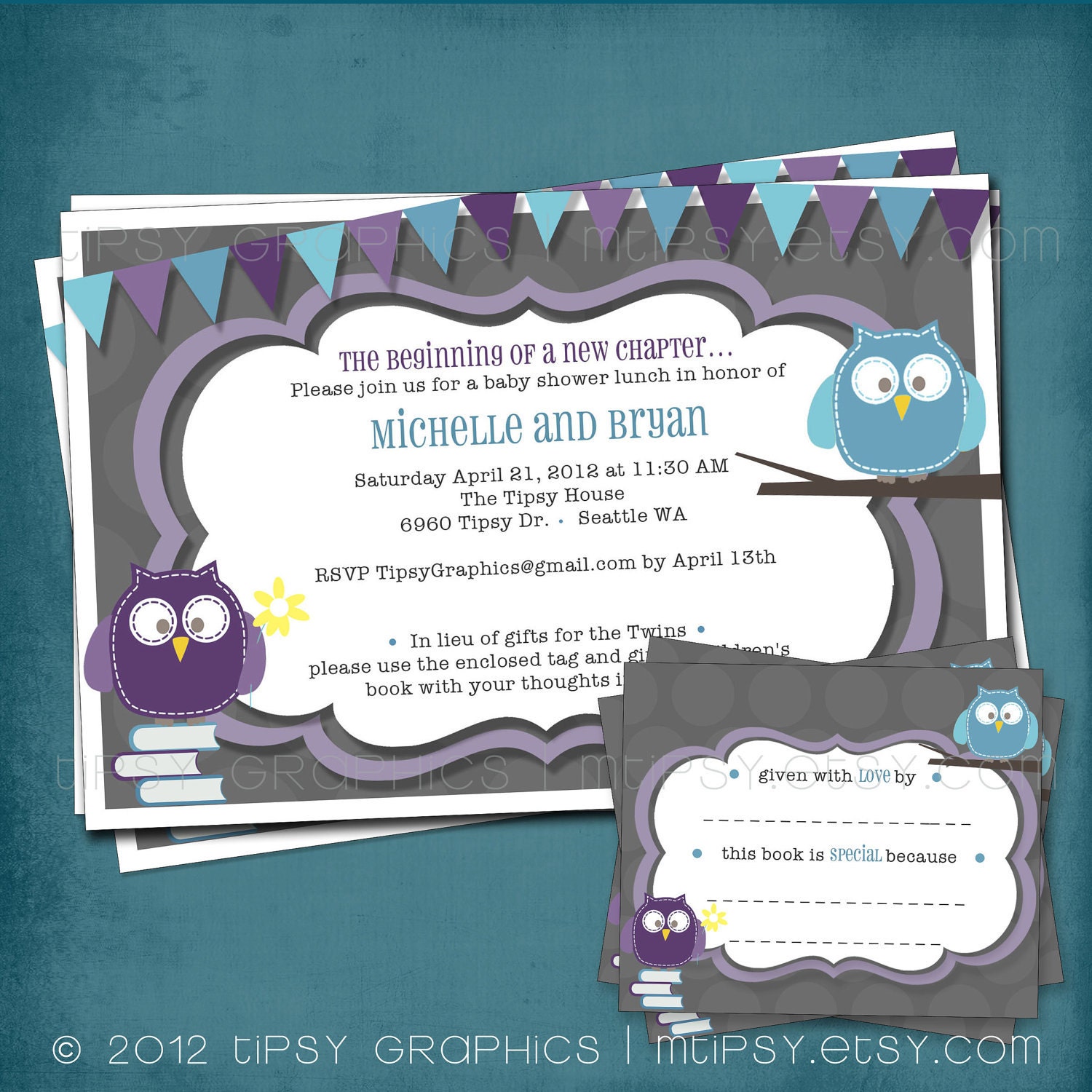 Twin Baby Owl Stock the Library Shower Invitation. Coordinating DIY Book Plate Design Included by Tipsy Graphics. Any Colors Il_570xn