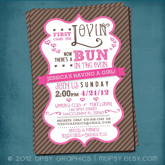 Pink. First Came the Lovin. Bun in the Oven Baby Shower Invite. by Tipsy Graphics. Any colors Il_570xn