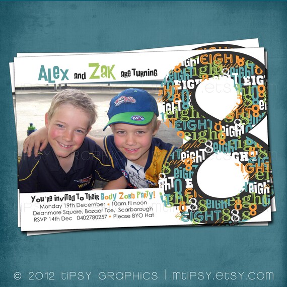 BIG 8 little eight. Modern & Graphic Birthday Party Invite by Tipsy Graphics. Girls Boys Twins. Any age, any colors Il_570xn