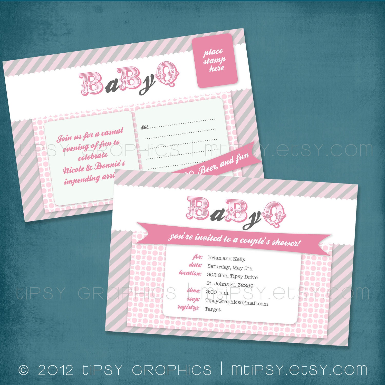 Pink & Gray BaByQ Couple's BBQ Baby Shower Invitation. Postcard Style Optional. ANY COLORS by Tipsy Graphics Il_570xn