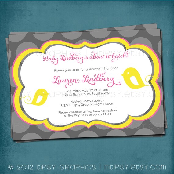 Little Bird and Polka Dot Baby Shower Invitation. Yellow Pink Gray. by Tipsy Graphics Il_570xn