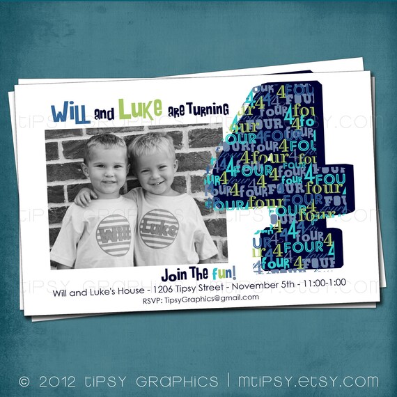 BIG 4 little four. Modern Typographic Birthday Invite by Tipsy Graphics. Any age, any colors, gender neutral Il_570xn