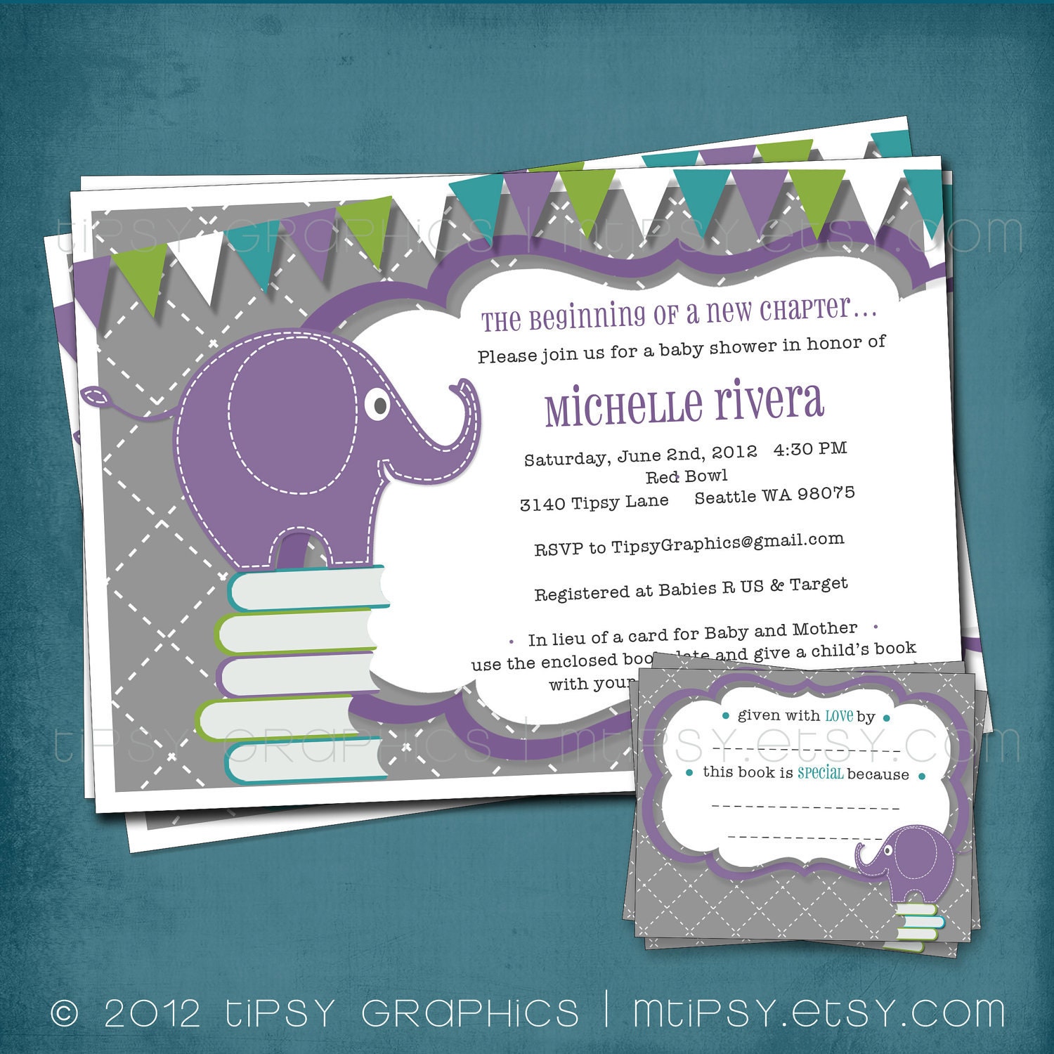 Baby Elephant Stock the Library Shower Invitation. Gray Purple Teal. Coordinating DIY Book Plate Design Included by Tipsy Graphics Il_570xn