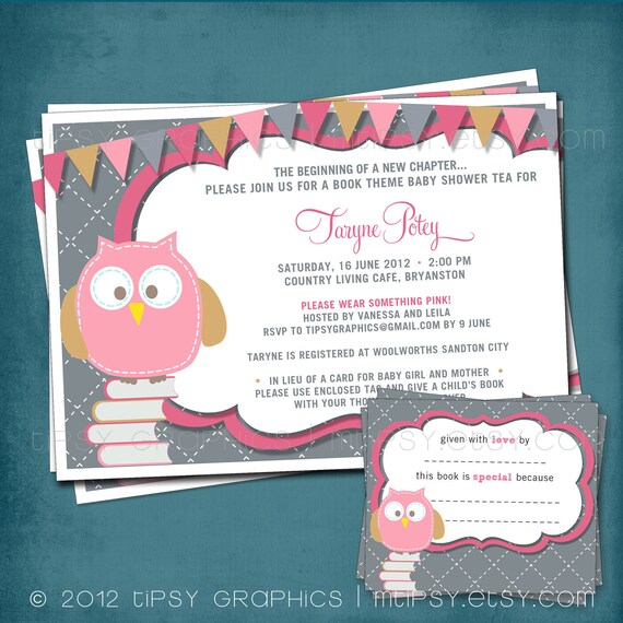 Pink Baby Owl Stock the Library Shower Invitation. Coordinating DIY Book Plate Design Included by Tipsy Graphics Il_570xn