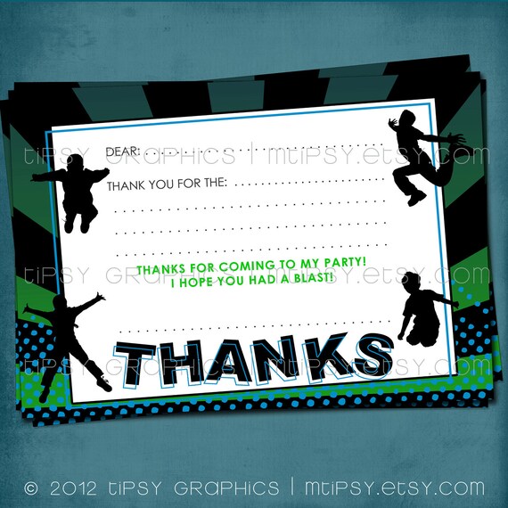 Fill-In Thank You Note. JUMP Trampoline or Bounce House Birthday Party Thank You by Tipsy Graphics. Girl or Boy version Il_570xn