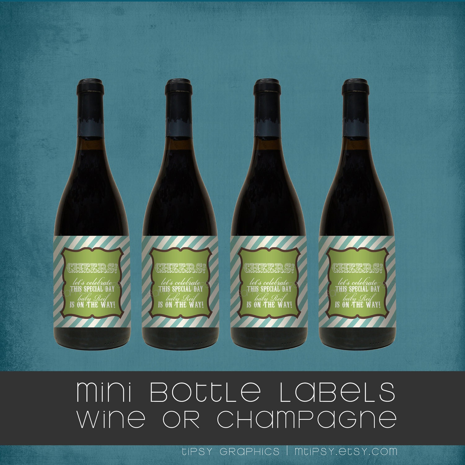 Cheers. Personalized Vintage Stripes Mini Champagne Bottle Labels. Printable DIY Wine Labels, any text and colors