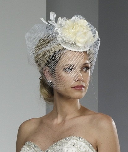 SAMPLE SALE - Wedding Veil - Handmade Birdcage Wide Bridal Hat With Flowers, Lace and Feathers - ready to ship