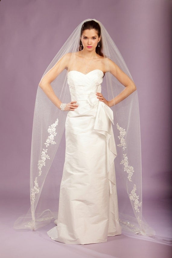 Wedding Veil -Cathedral Veil, FRENCH Appliques Adorned with Swarovski Crystals, Embroidery, and Sequins - made to order