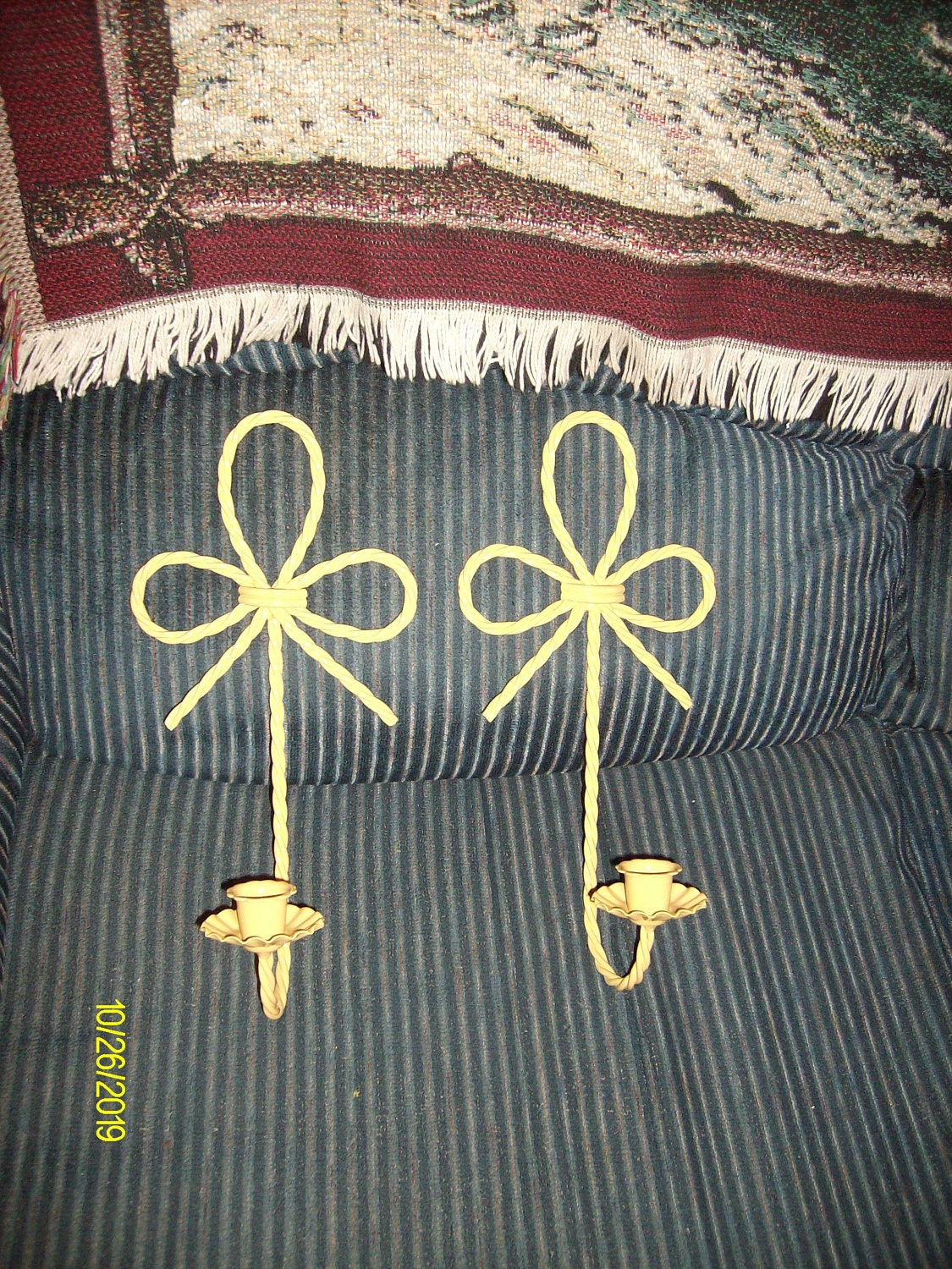 2 YeLLow MeTaL WaLL SconCes / CandLe HoLders with BoWs--FREE SHIPPING in the US