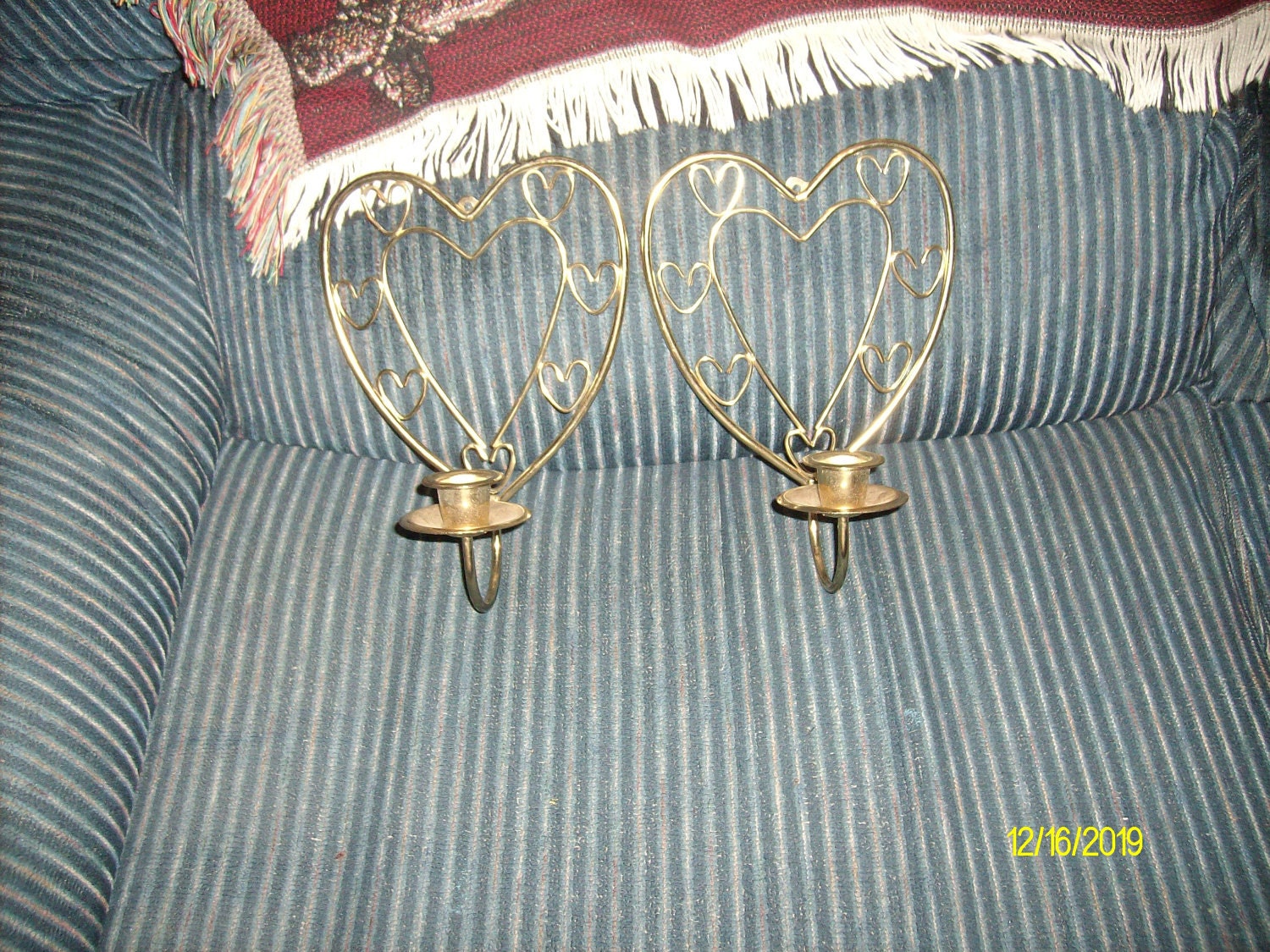 2 Painted Gold Metal Heart Shaped Wall Sconces / Candle Holders--Free Shipping in the US