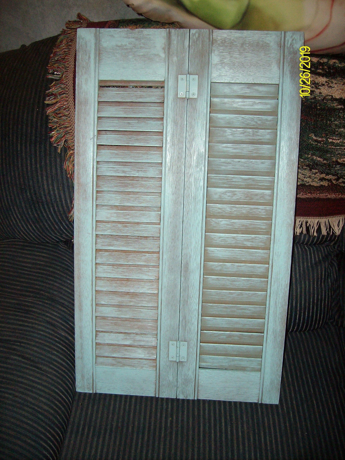 Free Shipping--Tall Turquoise Painted Distressed Wood Double Shutters