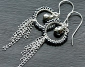 Sterling silver hoop earrings, pyrite earrings, fools gold, wire wrapped earrings, tassle fringe, chain, dangle