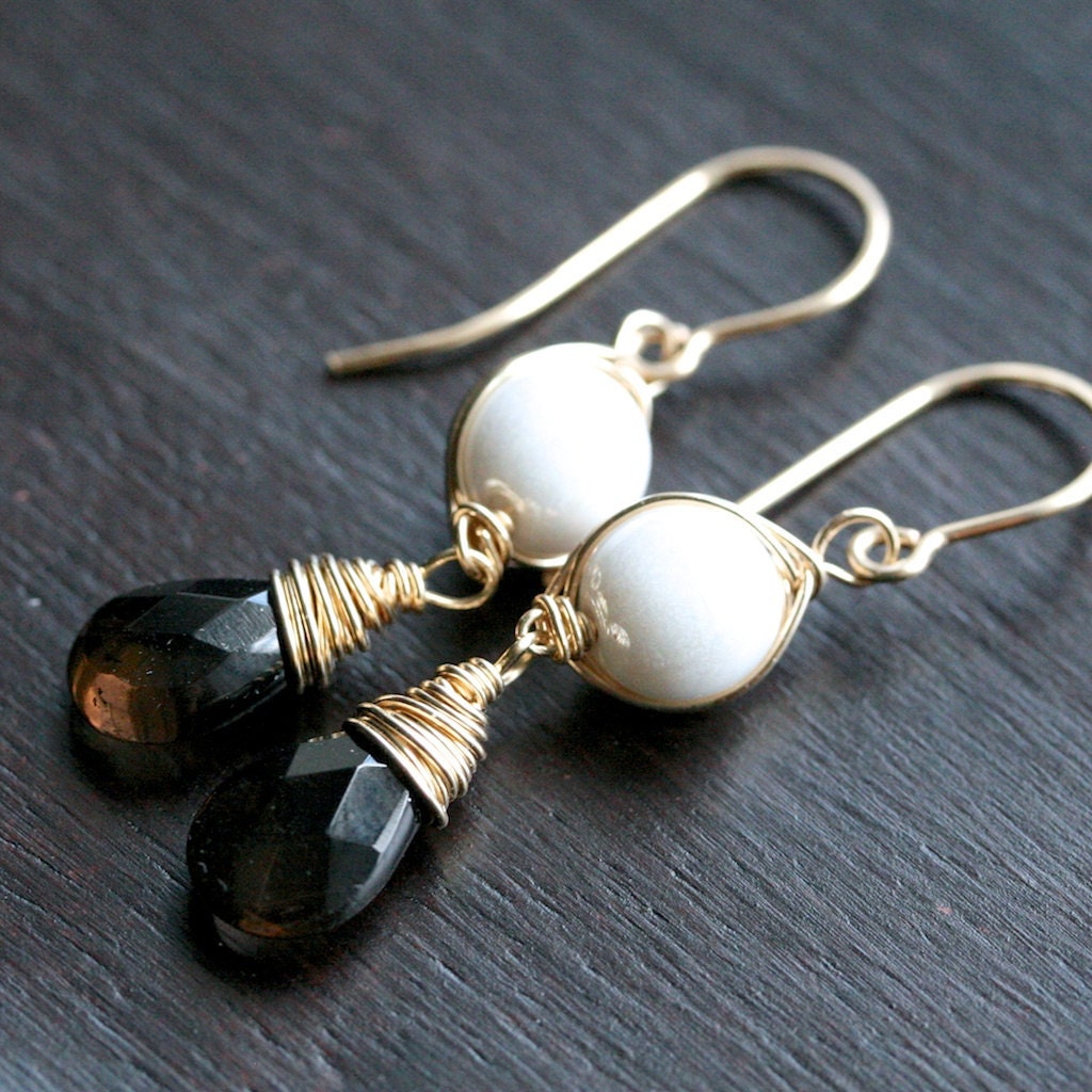 Handmade wire wrapped earrings, gold earrings, white, brown, 14k gold filled, smokey quartz, drop earrings, Mimi Michele Jewelry