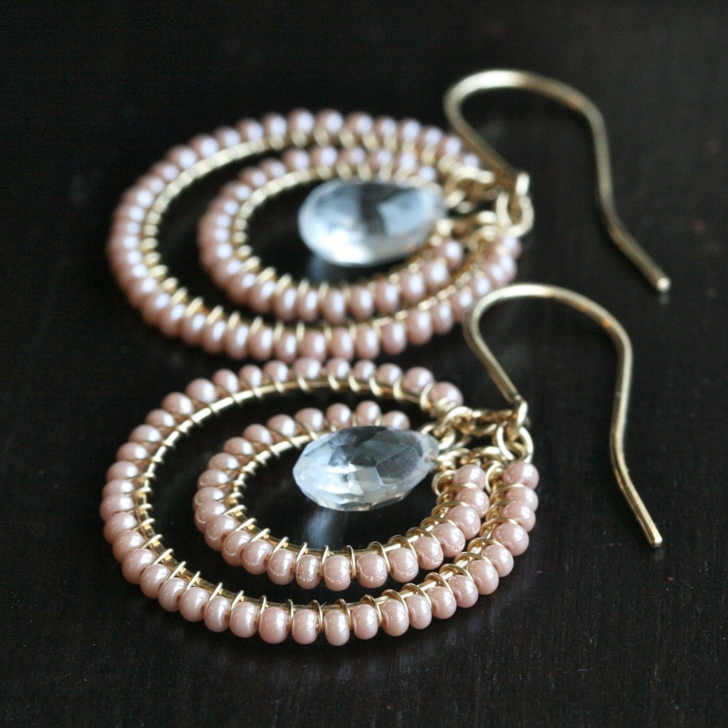 Handmade pink earrings, seed bead, beaded earrings, wire wrapped, hoop earrings, 14k gold filled, Mimi Michele Jewelry