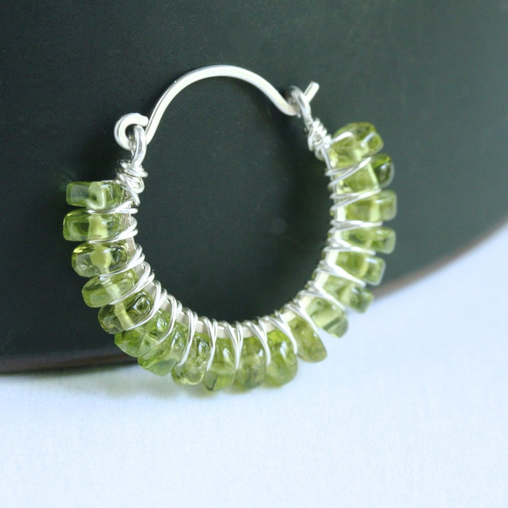 Handmade green hoop earrings, peridot, sterling silver earrings, wire wrapped hoops, green earrings, Mimi Michele Jewelry