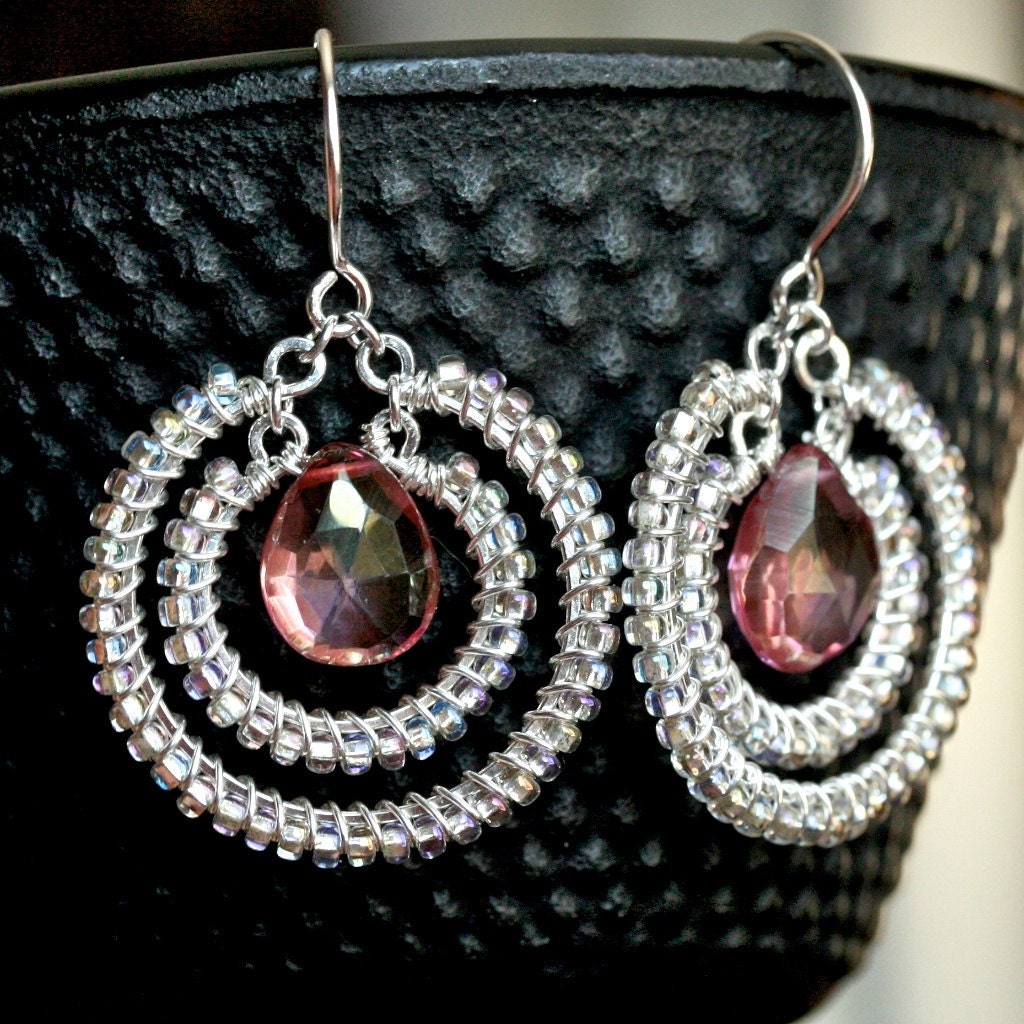 Handmade dangle earrings, pink seed bead earrings, pink mystic quartz crystal teardrop, beaded hoops, wire wrapped earrings