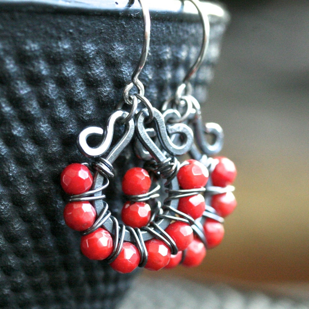 Handmade beaded hoops, red coral, oxidized copper, wire wrapped earrings, red earrings, sterling silver, Mimi Michele Jewelry