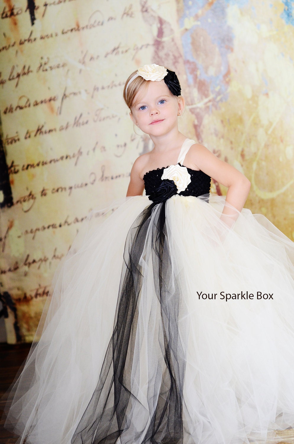Ivory and Black wedding flower girl dress
